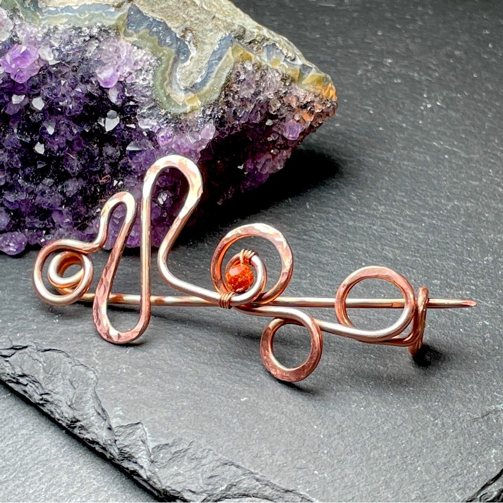 Hammered Copper Broach or Brooch
• Scarf Pin • Gemstone Detail